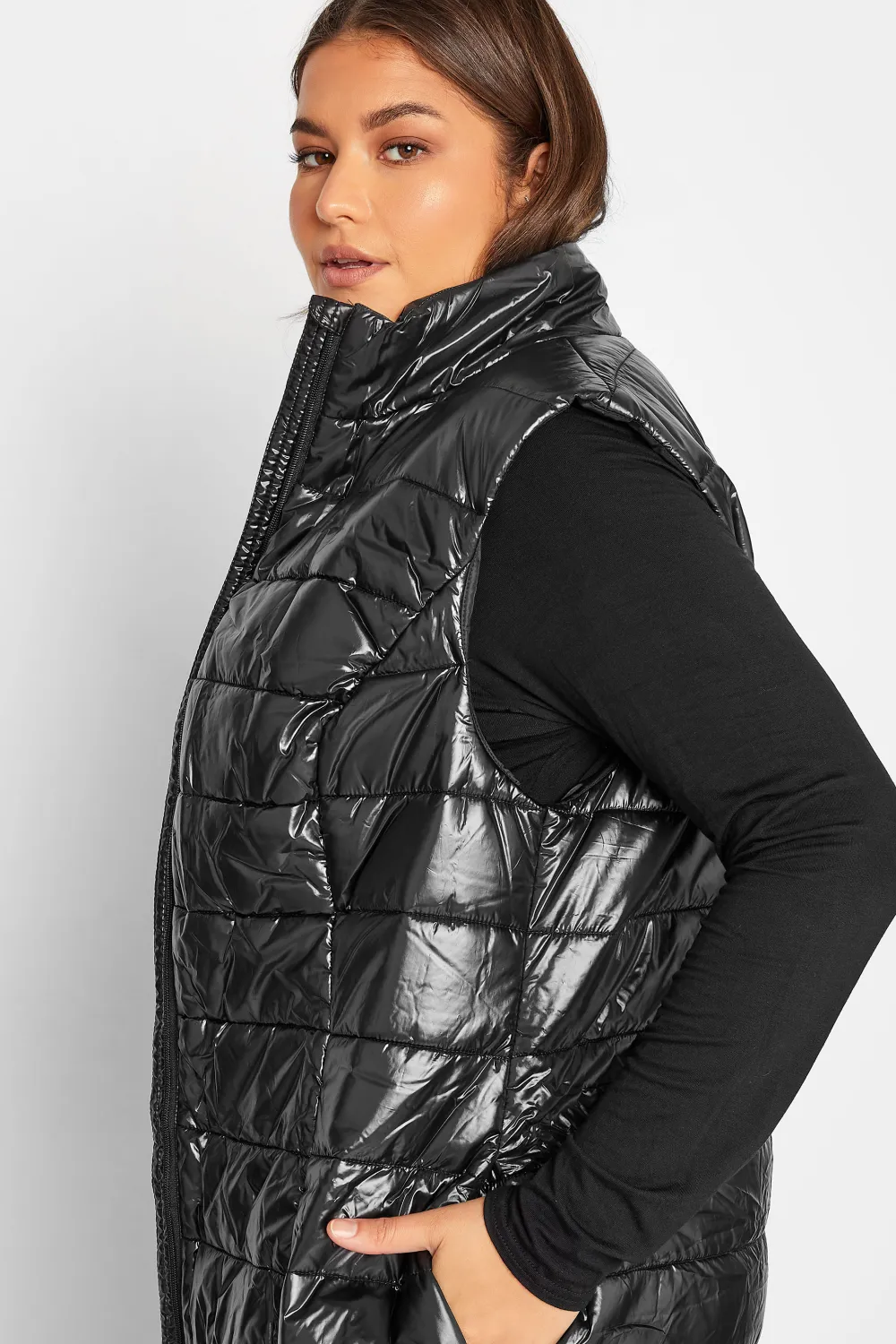 LTS Tall Black High Shine Maxi Puffer Gilet