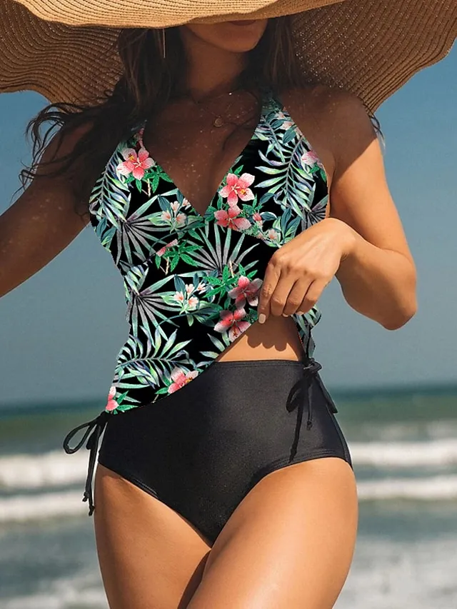 Women's Swimwear Tankini 2 Piece Normal Swimsuit High Waisted Floral Print Leaves Leaf Floral Green Blue Padded V Wire Bathing Suits Sports Vacation Sexy / New
