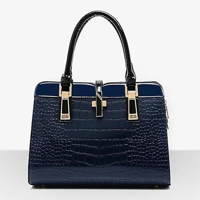 Women's Handbag Satchel Top Handle Bag Patent Leather PU Leather Office Office & Career Solid Color Crocodile Wine Black Blue