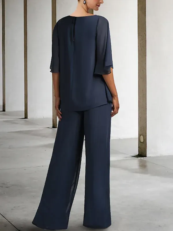 Round Neck Solid Color Top And Trousers Two-piece Suit