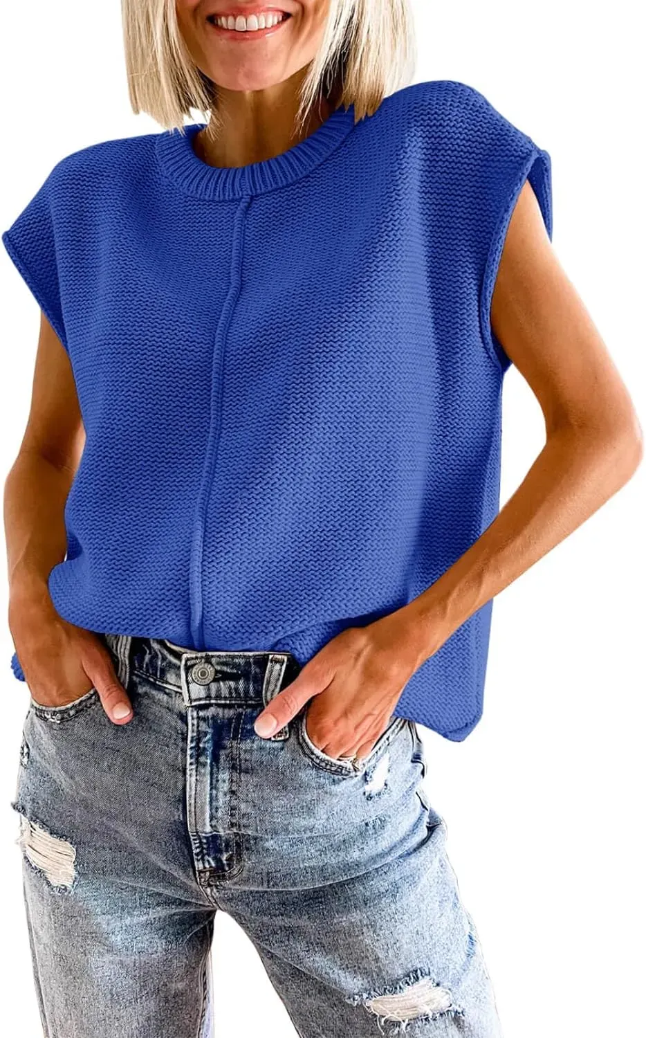 Saodimallsu Womens Summer Cap Sleeve Tops Casual Crew Neck Loose Fit Knit Lightweight Sweater Pullover Top