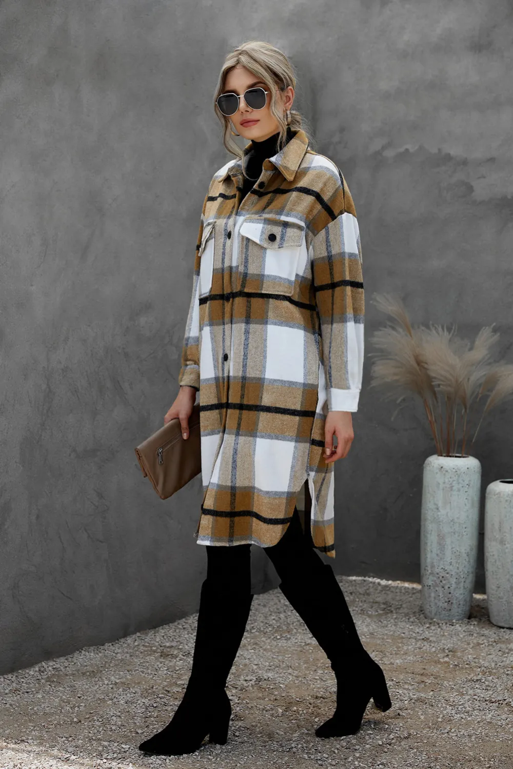 Khaki Turn-down Collar Pocket Button Plaid Coat