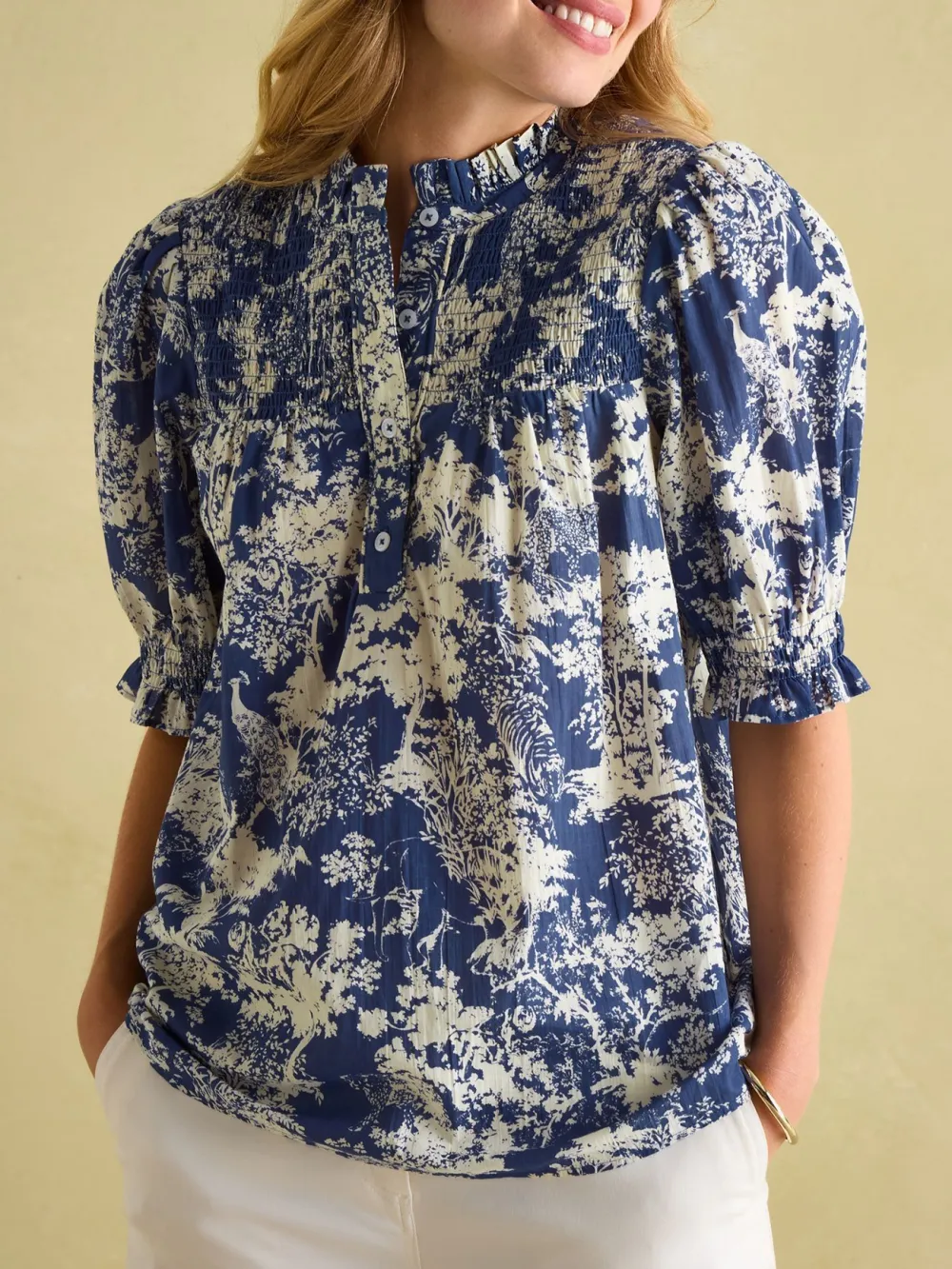 Blue Frill Neck Smocked Blouse