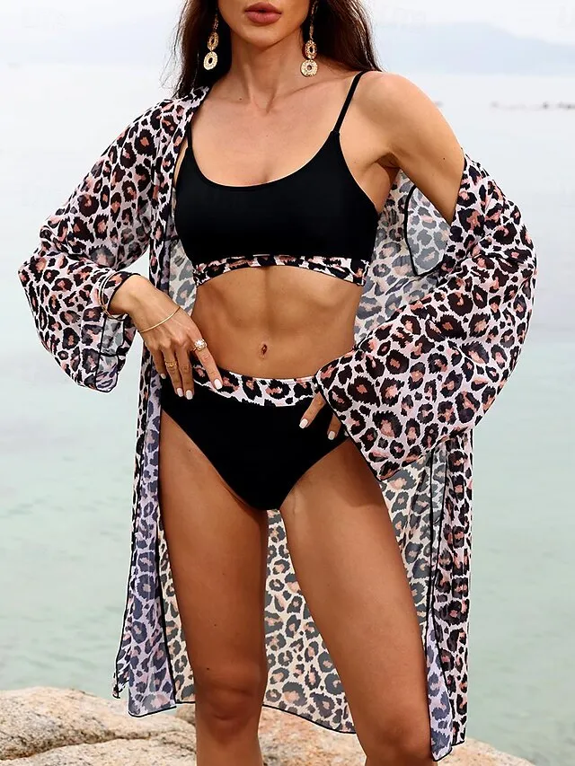 Women's Swimwear Bikini Cover Up Normal Swimsuit 3-Piece Printing Leopard Beach Wear Holiday Bathing Suits