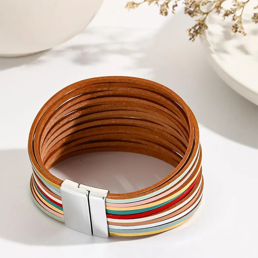 Fesciory Leather Wrap Bracelets for Women, Boho Leopard Multi-Layer Crystal Beads Cuff Bracelet Jewelry