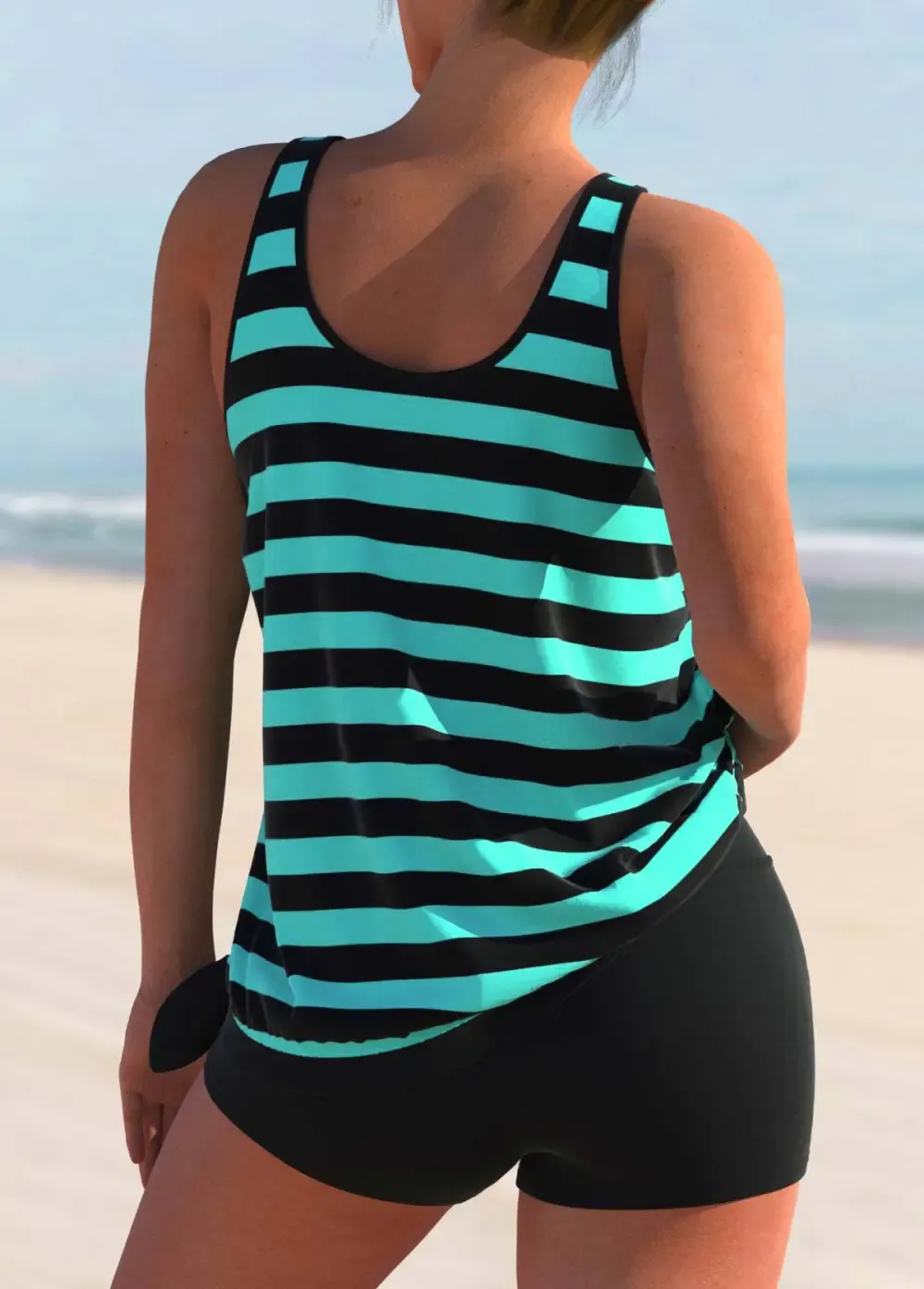 Bowknot Multi Stripe Print Pink Tankini Top