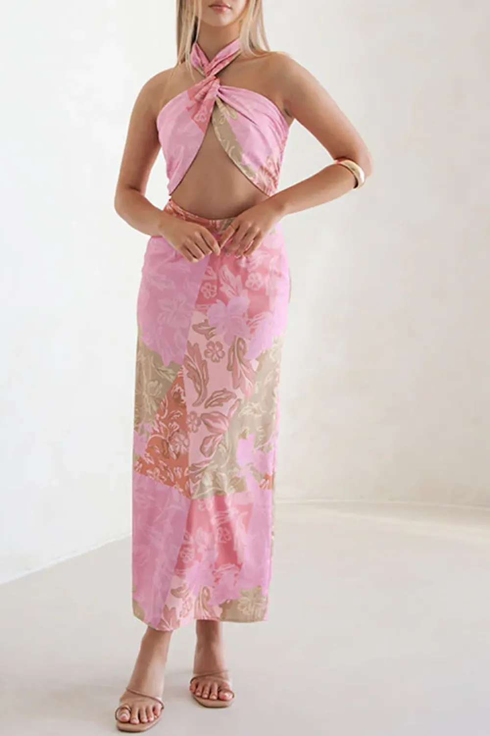 Halter Neck Floral Print Cut Out Midi Dress