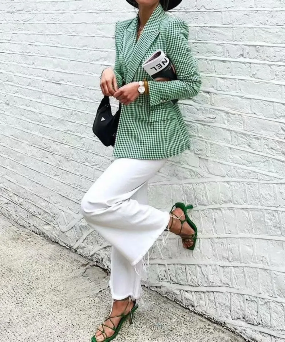 Check Set Double-Breasted Mid-Length Coat