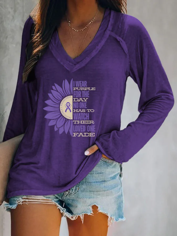 Women'S I Wear Purple For The Day No One Has To Watch Their Loved One Fade V-Neck Long-Sleeved T-Shirt