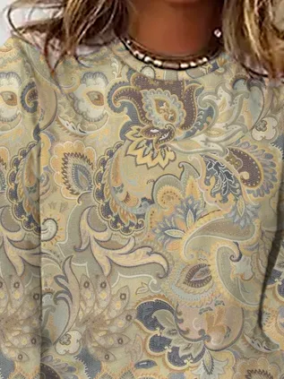 Paisley Printed Long Sleeve Casual T-Shirt