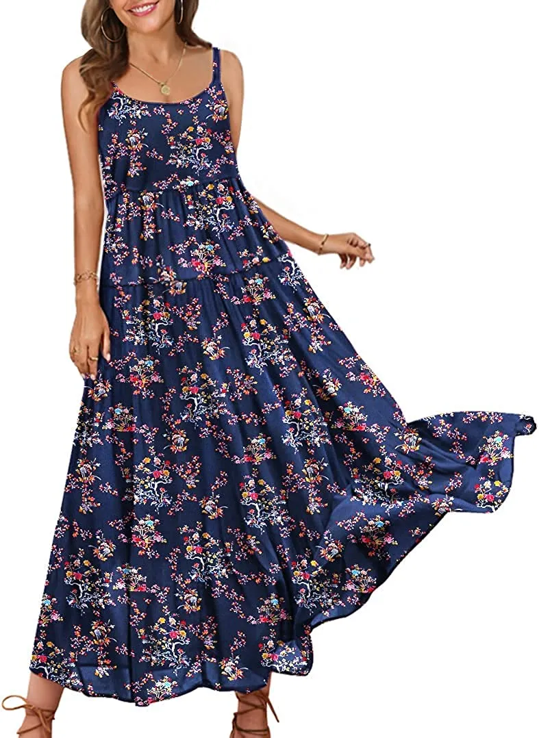 Summer Dresses for Women Casual Loose Bohemian Floral Dress with Pockets Spaghetti Strap Maxi Dress E75