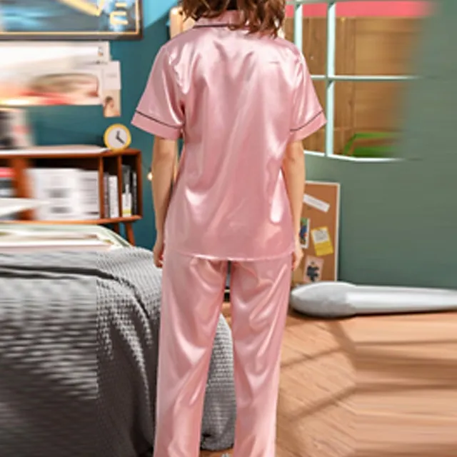 Women's Pajamas Pjs Sets 2 Pieces Pure Color Fashion Simple Comfort Home Xmas Christmas Daily Satin Lapel Short Sleeve Shirt Pant Elastic Waist Summer Spring Silver Black