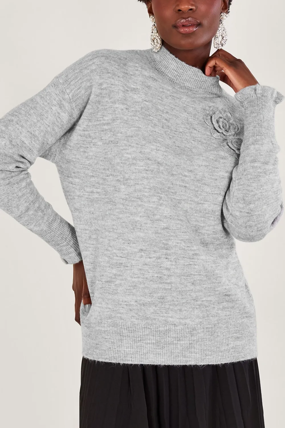 Grey Turtleneck Flower Embroidery Knit Top