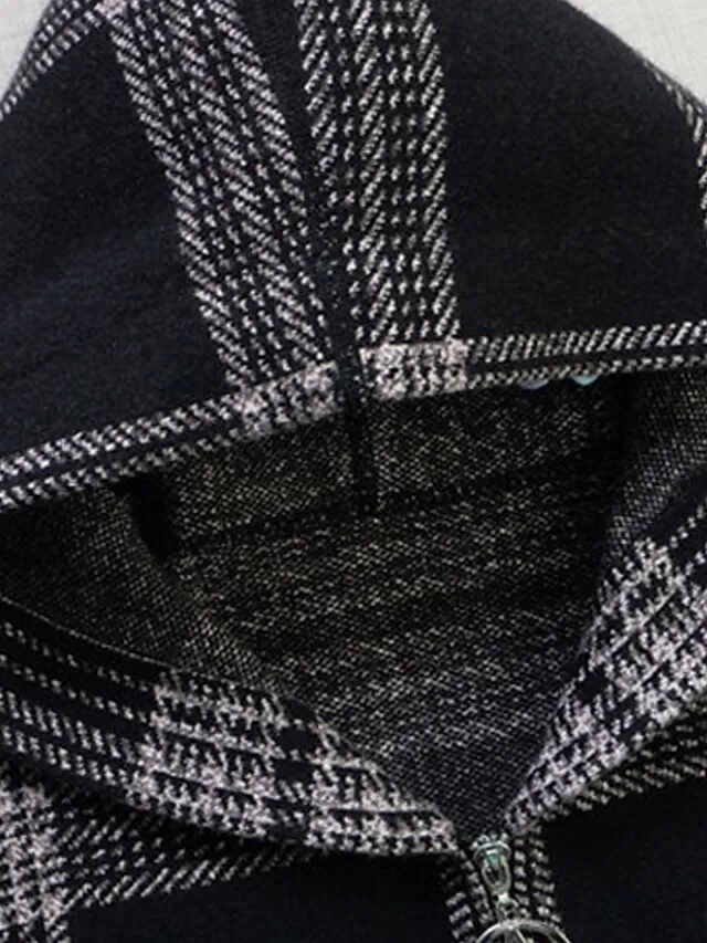 Women's Hoodie Jacket Fall Zip up Sweatshirt Plaid Print Winter Cropped Coat Windproof Warm Casual Jacket Long Sleeve Plaid with Pockets Black