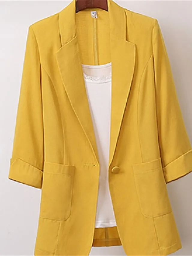 Women's Blazer Outdoor Office Office / Career Spring Summer Fall Regular Coat Regular Fit Breathable Basic Simple Modern Style Jacket 3/4 Length Sleeve Solid Color Pure Color with Pockets White Black