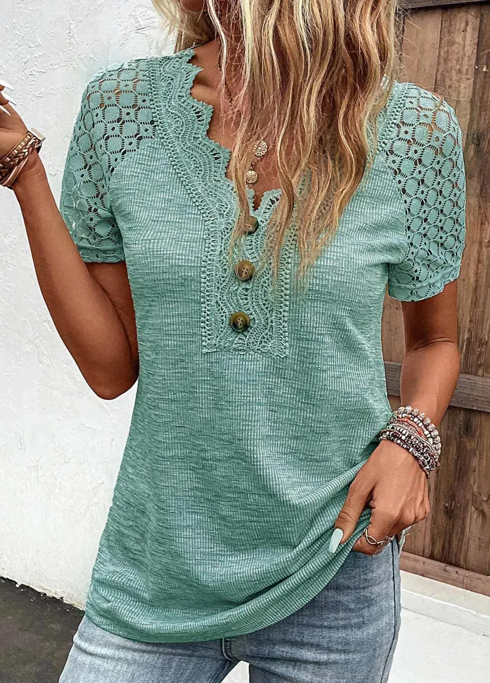 Green Lace Short Sleeve V Neck T Shirt