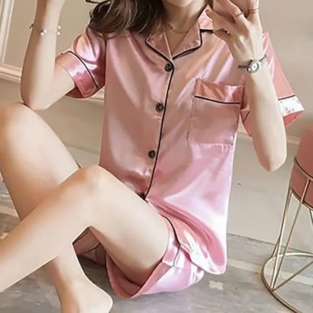 Women's Pajamas Sets Nighty Pjs 2 Pieces Pure Color Fashion Simple Comfort Home Daily Bed Satin Breathable Lapel Short Sleeve Shorts Elastic Waist Spring Summer Green Blue / Silk