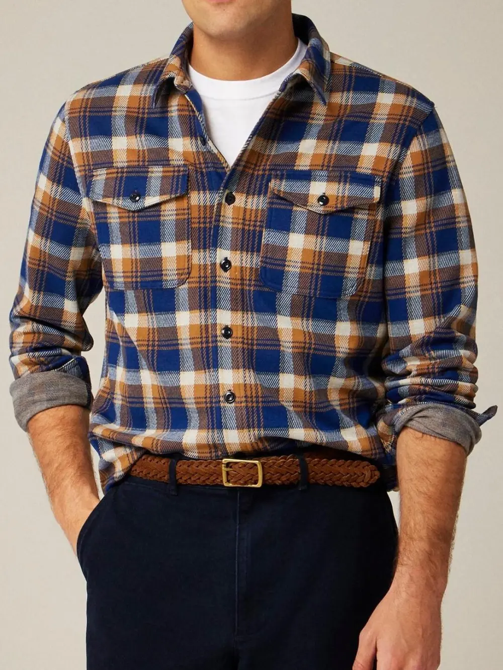Brown And Navy Plaid Long Sleeve Shirt