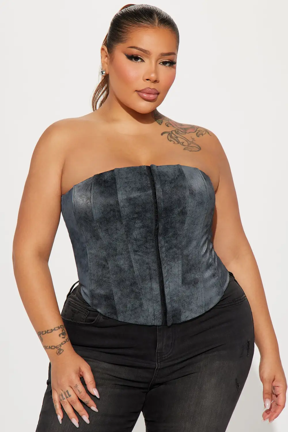 Inez Washed Faux Leather Corset Top - Grey
