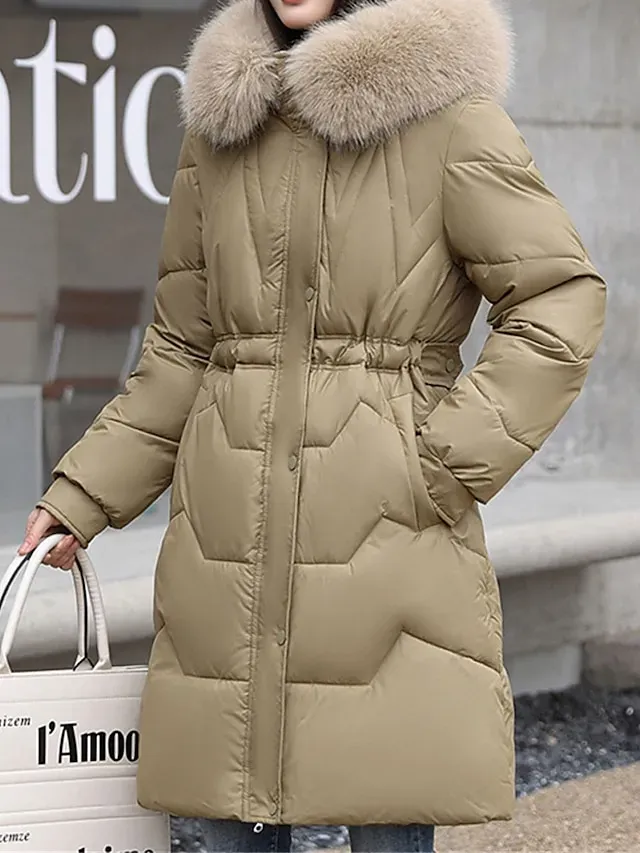 Women's Parka Winter Long Puffer Jacket Fall Windproof Warm Zipper Coat with Pocket Fur Collar Hood Modern Casual Street Style Plain Regular Fit Outerwear Long Sleeve Black White Pink