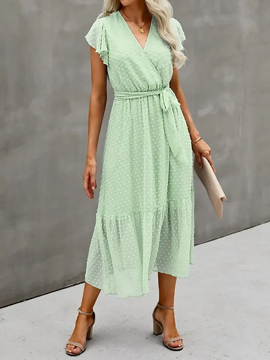 Women Summer Bohemian Floral Casual Wrap V Neck Ruffle Cap Sleeveless Belt A-Line Pleated Hem Swing Midi Sun Dress
