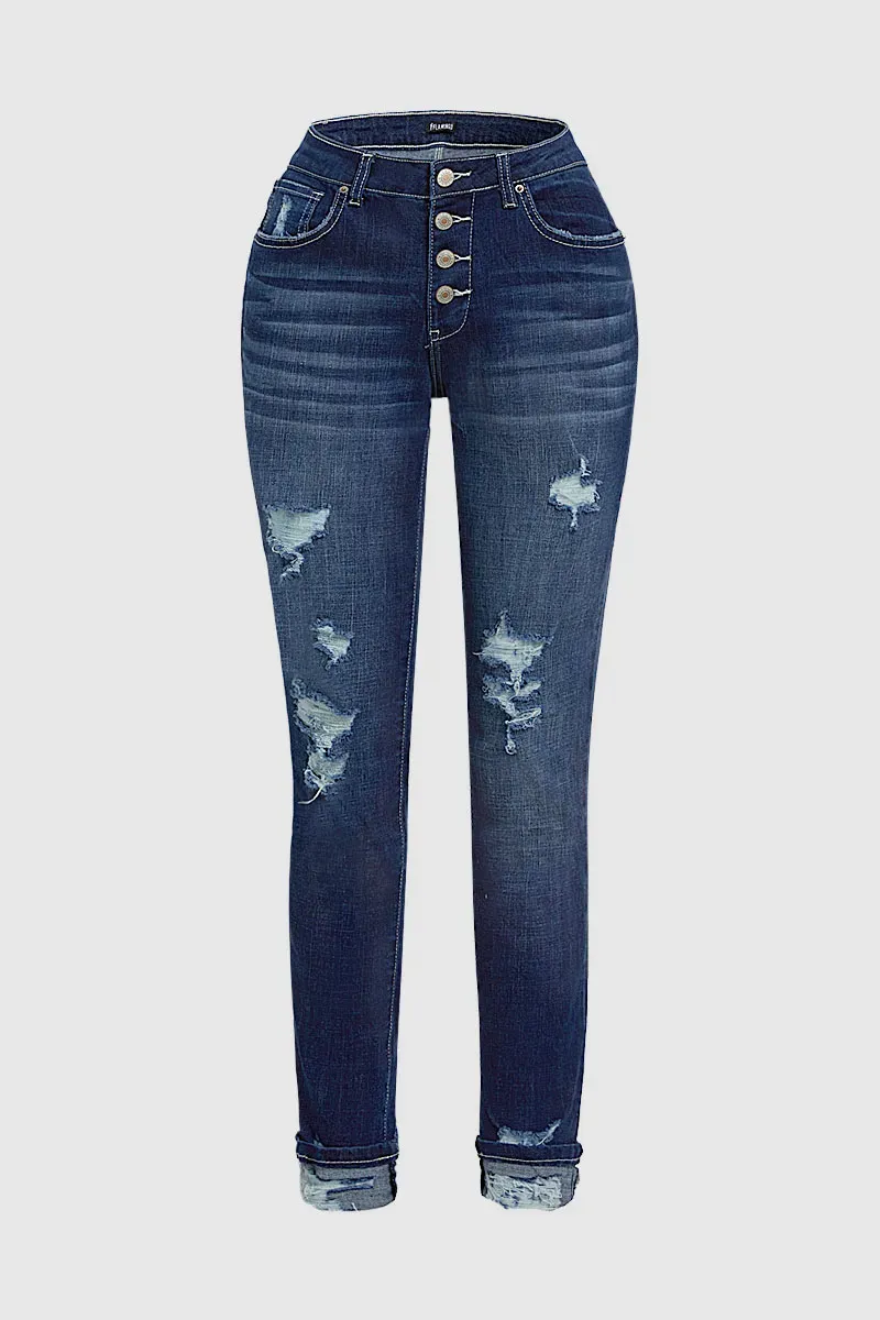 Multi Button Distressed Roll Up Hem Mid Waist Skinny Jeans