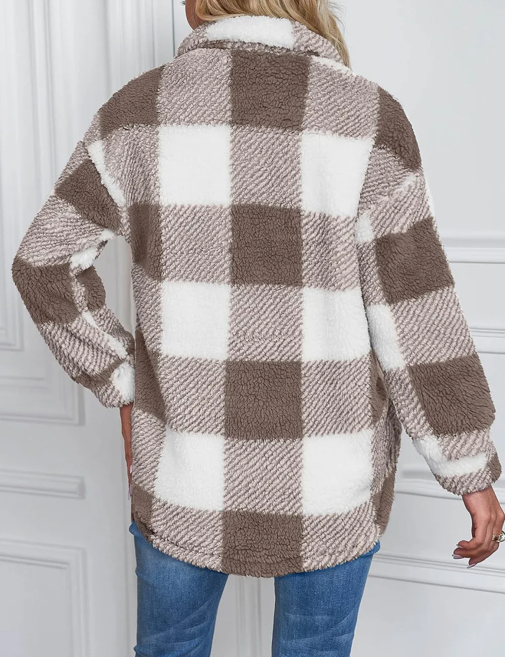 Women's Fleece Plaid Jacket Coats Button Down Lapel Sherpa Shacket Outwear with Pockets