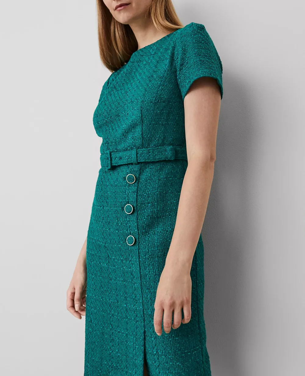Tweed Belted Button Midi Sheath Dress