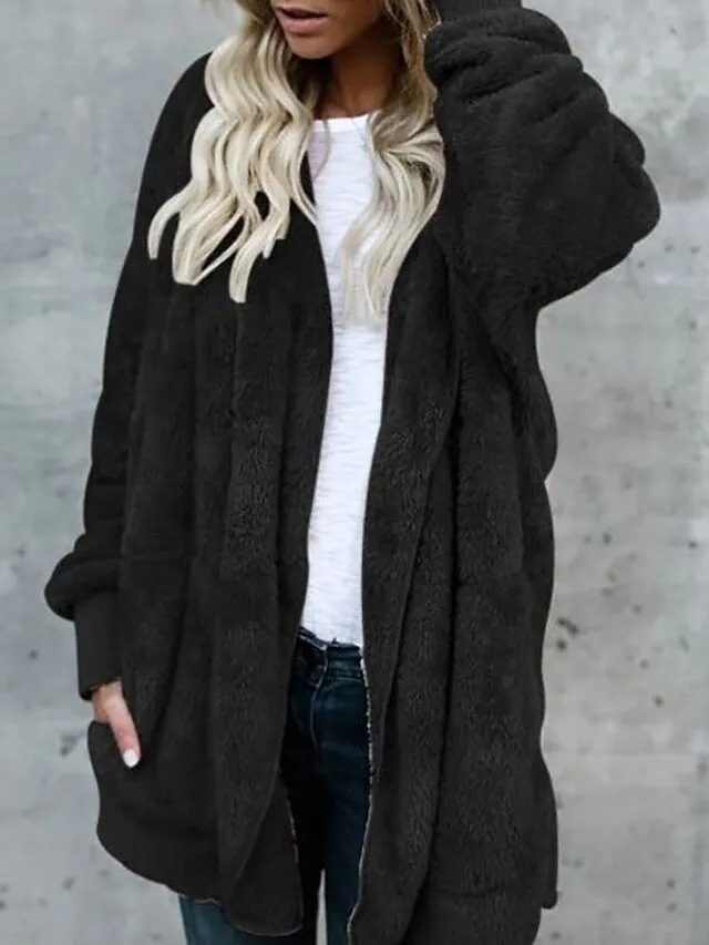 Women's Fleece Jacket Sherpa Jacket Teddy Coat Coat Outdoor Street Daily Fall Winter Long Coat Regular Fit Warm Breathable Casual Jacket Long Sleeve Solid Color Pocket with Pockets Black White Pink