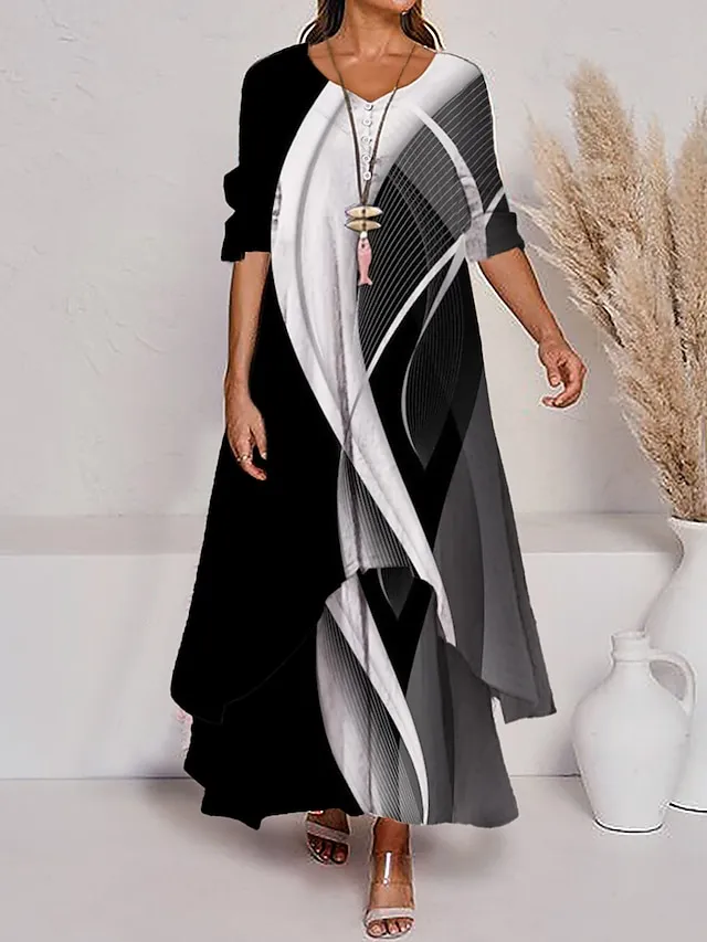 Women's Color Block Long Maxi Dress Button Layered Casual Dress Swing Dress Print Dress Fashion Modern Daily Vacation Weekend 3/4 Length Sleeve Crew Neck Dress Loose Fit Silver Black White