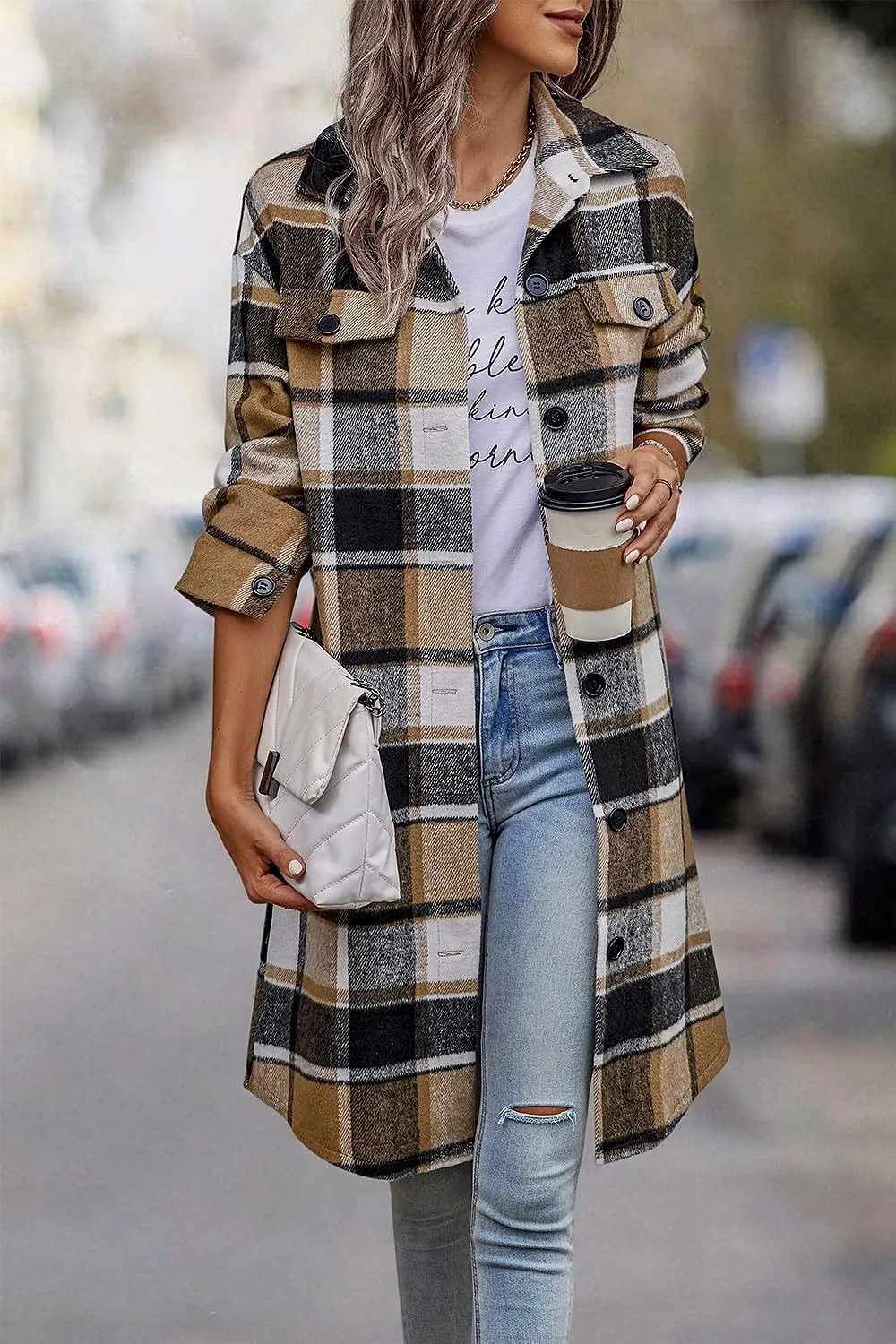 Women's Plaid Shacket 2023 Long Sleeve Button Up Flannel Shirt Winter Tartan Jacket Woolen Coats