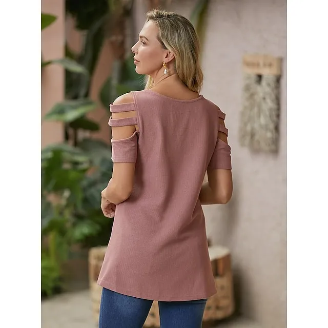 Blouse Women's Pink Plaid Zipper Cut Out Street Going out Basic V Neck S