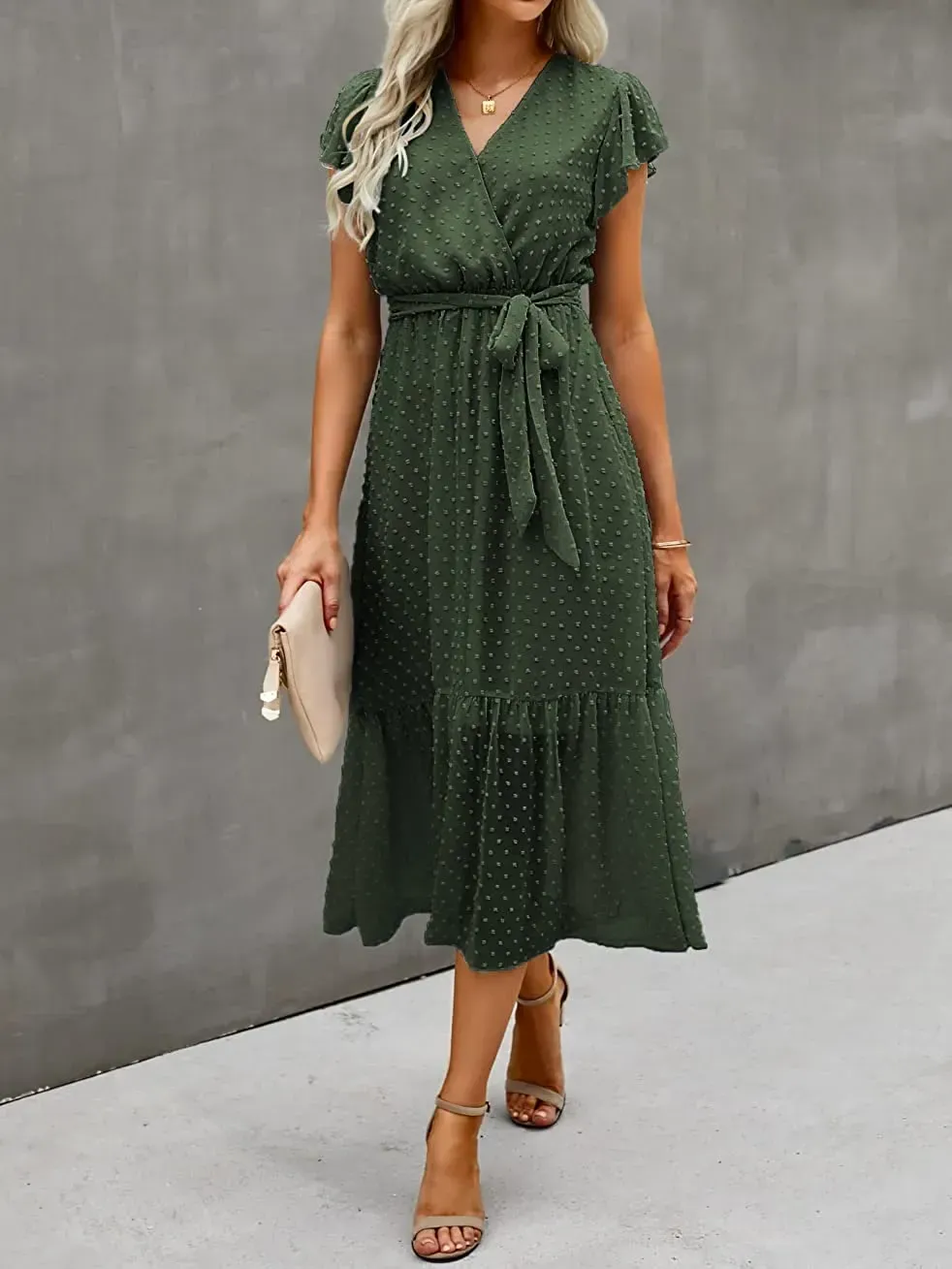 Women Summer Bohemian Floral Casual Wrap V Neck Ruffle Cap Sleeveless Belt A-Line Pleated Hem Swing Midi Sun Dress