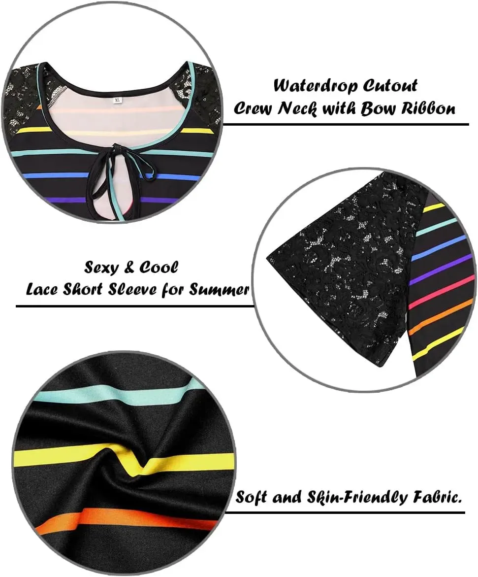 TIYOMI Plus Size T Shirt for Women Short Sleeve Tunic Cross Line Shirts Round Neck Tops Summer Blouse XL-5XL 14-28