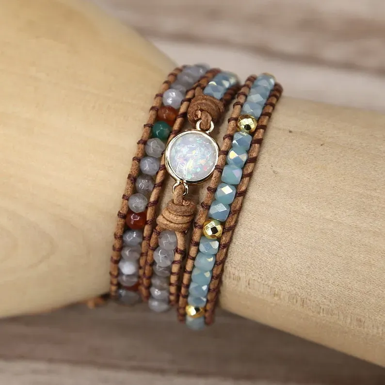 Healing Opal Protection Bracelet-Opal Stone Bead Meditation Bracelet-Natural Opal Moonstone Inspiring Bracelet-Leather Wrap Bracelet Gift