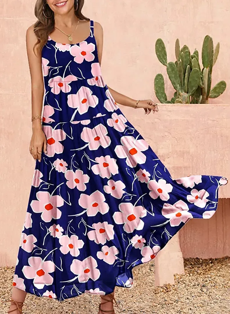 Summer Dresses for Women Casual Loose Bohemian Floral Dress with Pockets Spaghetti Strap Maxi Dress E75