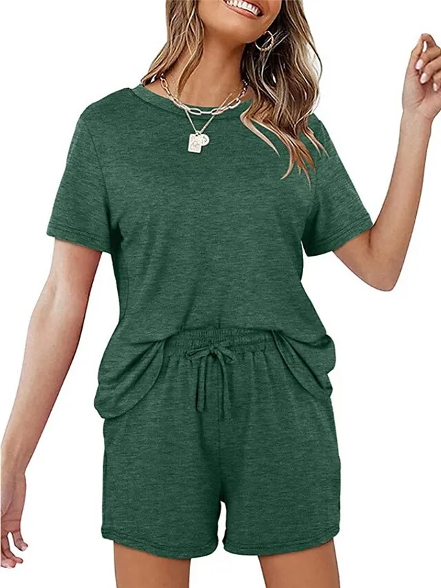 Women's Loungewear Sets Nighty 2 Pieces Pure Color Simple Comfort Home Street Cotton Crew Neck Short Sleeve T shirt Tee Shorts Spring Summer Green Blue