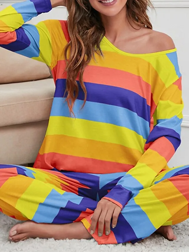 Women's Pajamas Nighty Pjs Sets 2 Pieces Rainbow Stripe Fashion Comfort Soft Home Daily Bed Cotton Breathable V Wire Long Sleeve T shirt Tee Pant Spring Fall Yellow Blue