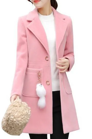 Solid Front Pockets Mid Length Lapel Coat