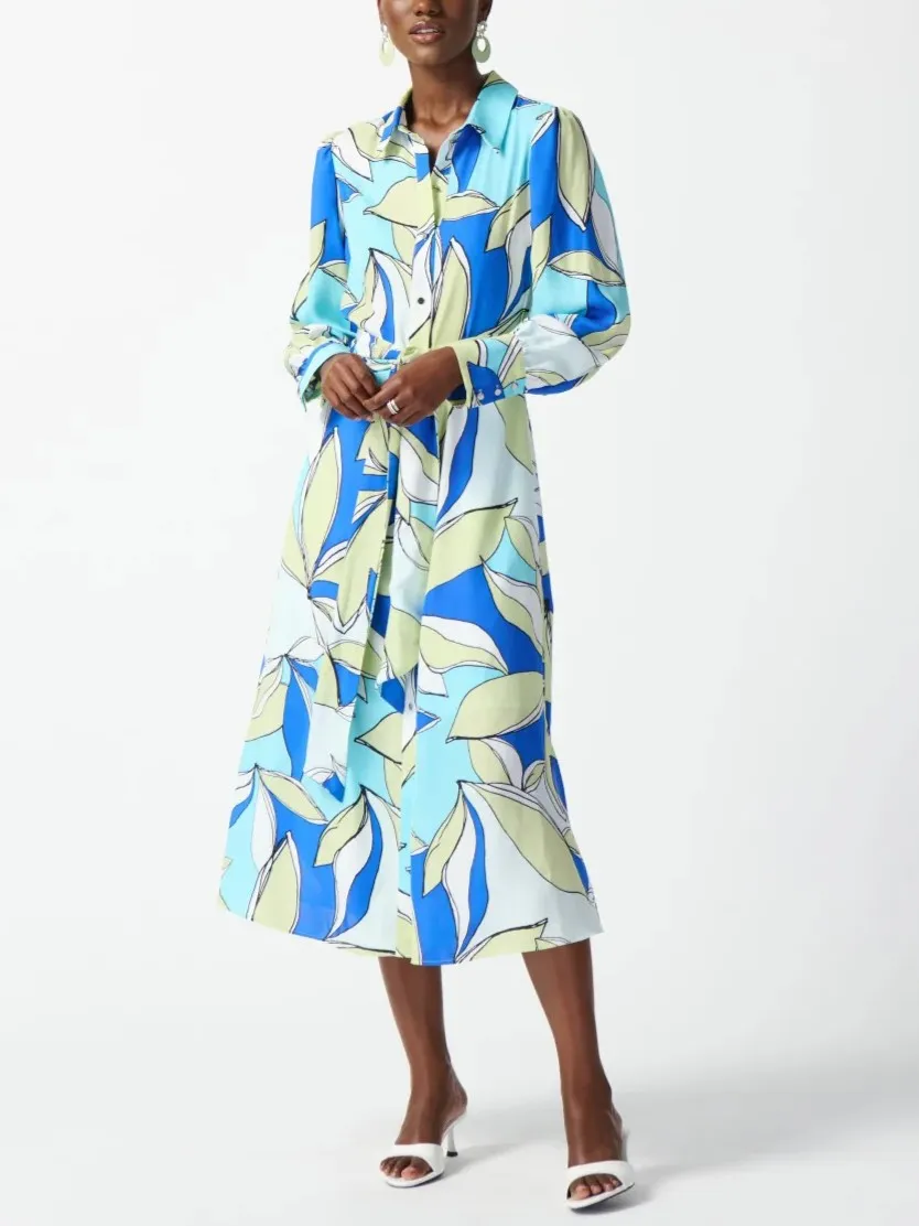 Blue and White Leaf Print Shirt Dress