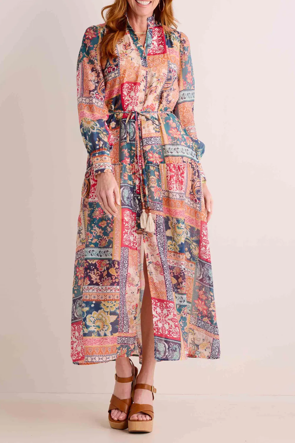 Patchwork Print Tie-Waist Maxi Dress