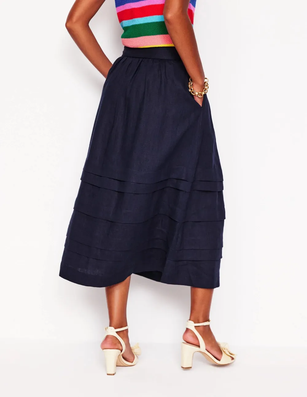 Navy Linen Midi Skirt