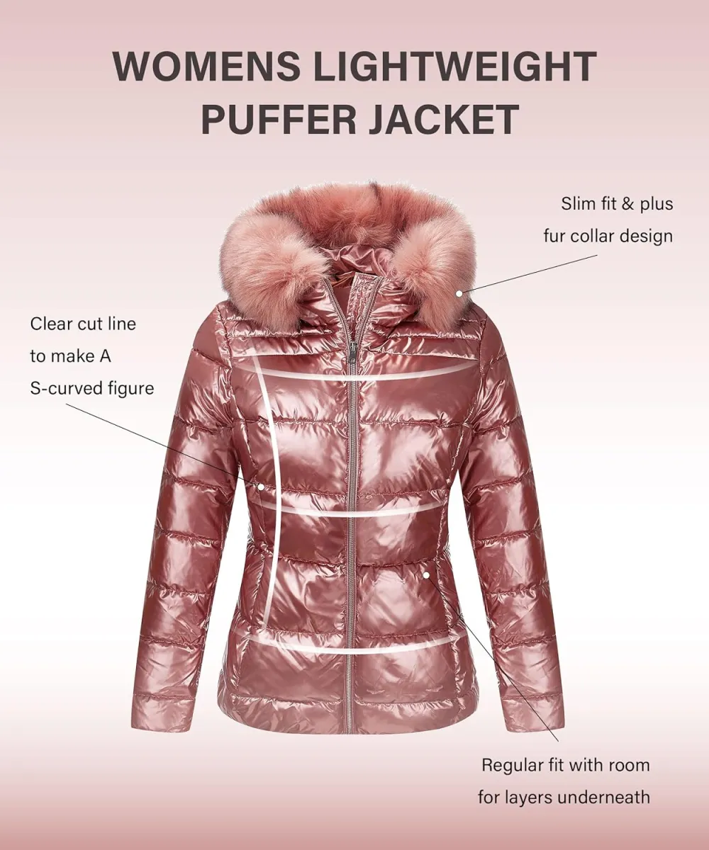 Womens Lightweight Puffer Jacket, Winter Coats for Women Warm Quilted Bubble Padded Hood Coat with Faux Fur Collar