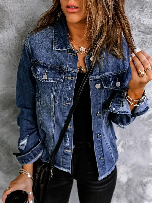 Lapel Distressed Raw Hem Buttons Denim Jacket
