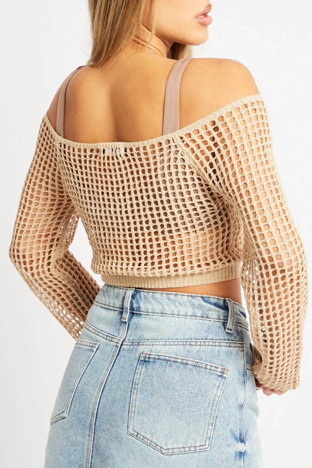 Beige Crochet Knit Top Long Sleeve Square Neck