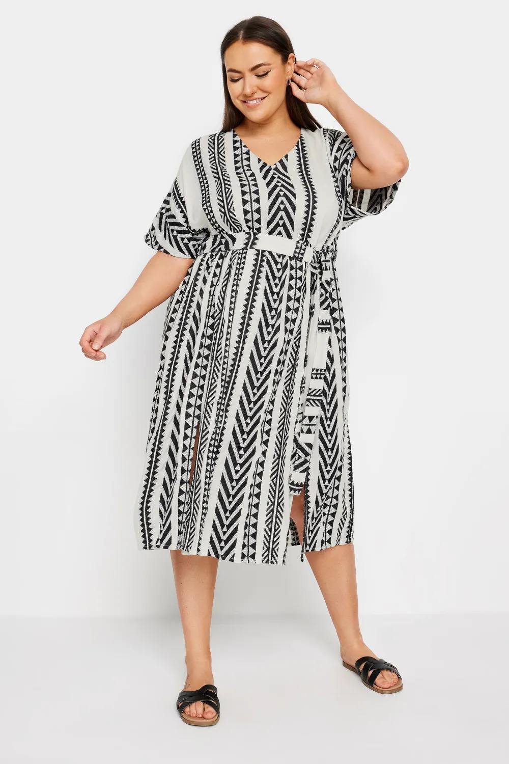 YOURS Curve Black & White Aztec Print Embroidered Maxi Dress