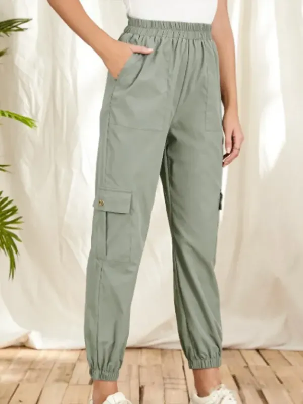 Casual Plain Mid Waist Long Cargo Pants