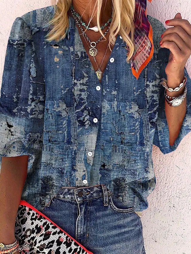 Women's Shirt Blouse White Navy Blue Rainbow Graphic Floral Print Long Sleeve Casual Daily Vintage Tropical Shirt Collar Regular Floral S