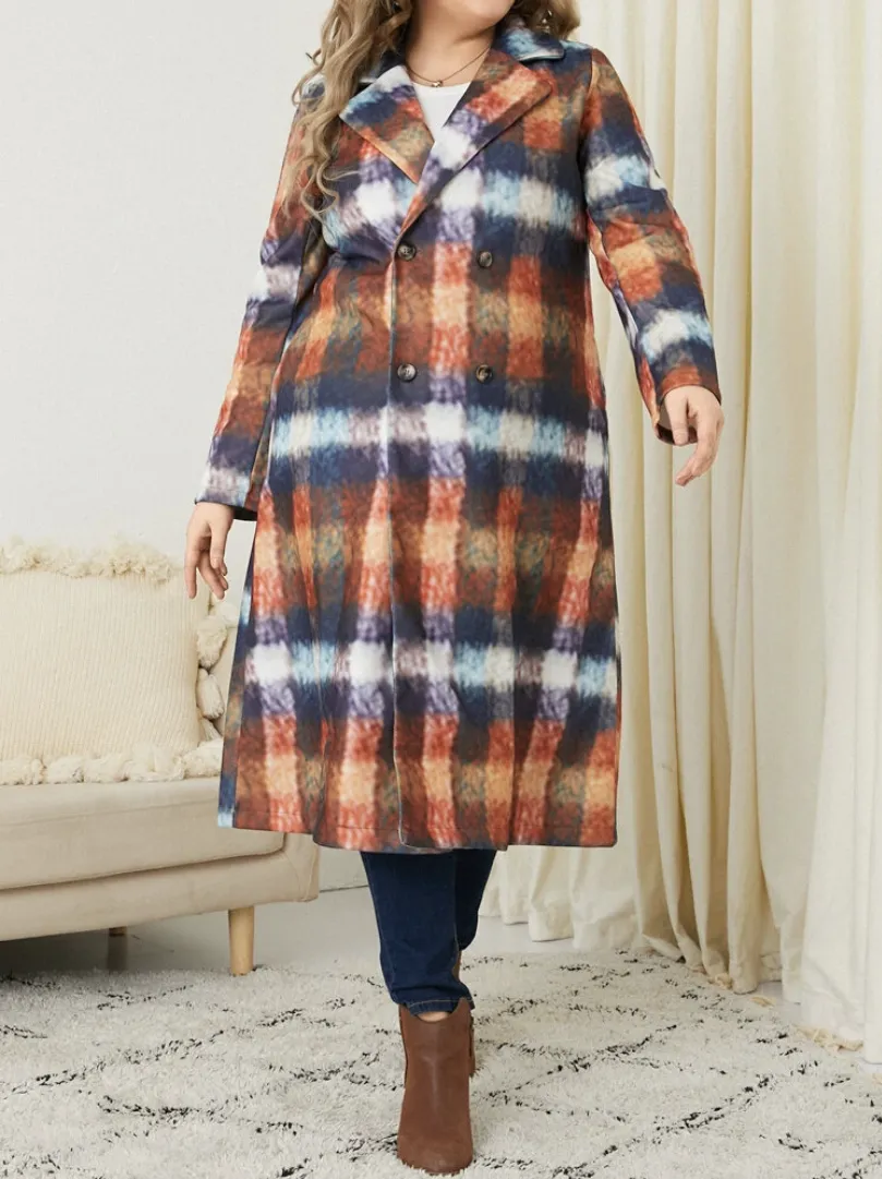 Plus Size Casual Plaid Print Loose Pocket Windbreaker Jacket