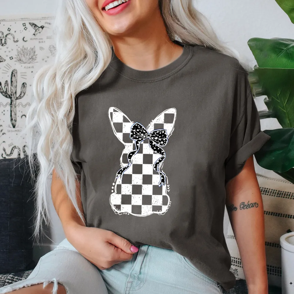 Black And White Checkerboard Easter Bunny Printed Round Neck Short Sleeve T-Shirt